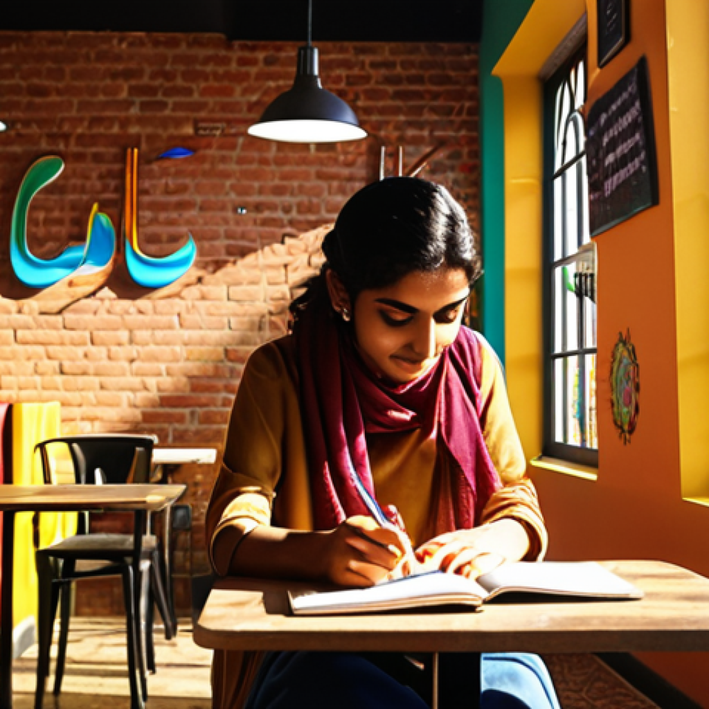 **A person sitting in a vibrant, modern coffee shop, notebook open, with a spark of inspiration in their eyes. Sunlight streams through the window illuminating colorful Urdu script art on the walls. Capture the essence of a creative breakthrough in a cozy, Urdu-speaking setting.**