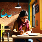 **A person sitting in a vibrant, modern coffee shop, notebook open, with a spark of inspiration in their eyes. Sunlight streams through the window illuminating colorful Urdu script art on the walls. Capture the essence of a creative breakthrough in a cozy, Urdu-speaking setting.**
