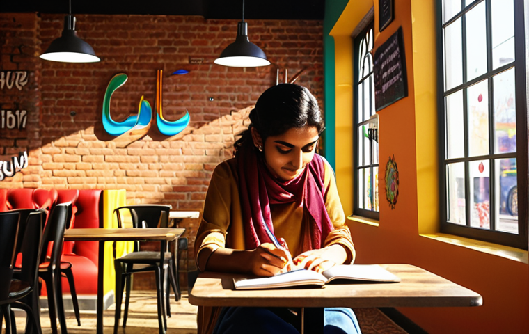 **A person sitting in a vibrant, modern coffee shop, notebook open, with a spark of inspiration in their eyes. Sunlight streams through the window illuminating colorful Urdu script art on the walls. Capture the essence of a creative breakthrough in a cozy, Urdu-speaking setting.**